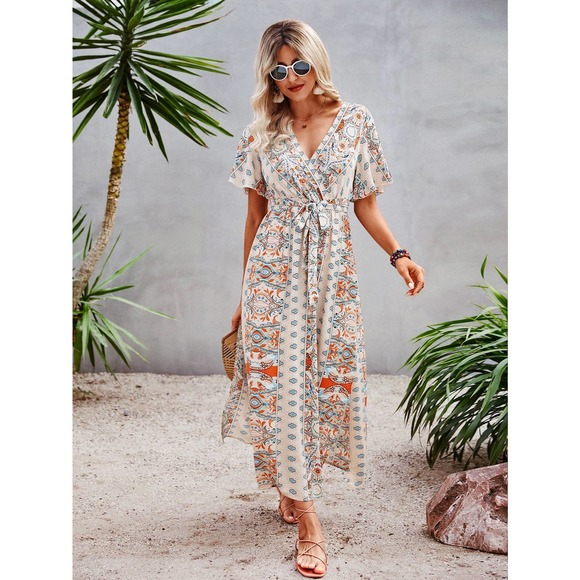 boho paisley Print v neck short Sleeve Split Side Belted maxi Dress hot pink - Picture 9 of 11